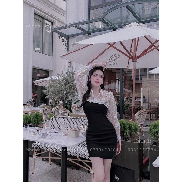 Váy dây body đen phối ren