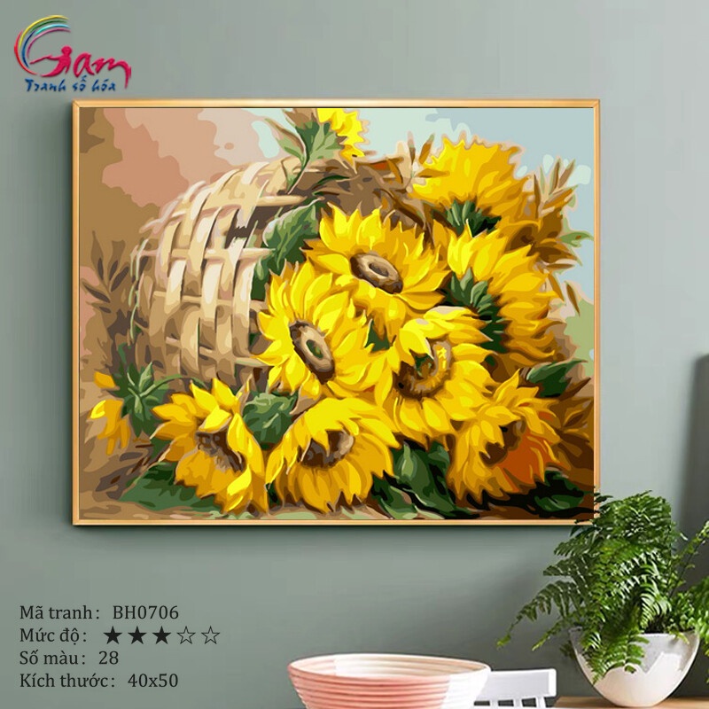 [Mã LIFE20KALL giảm 10% đơn 50K] Tranh sơn dầu số hoá tự tô màu DIY về hoa - Mã BH0706 Giỏ hoa hướng dương