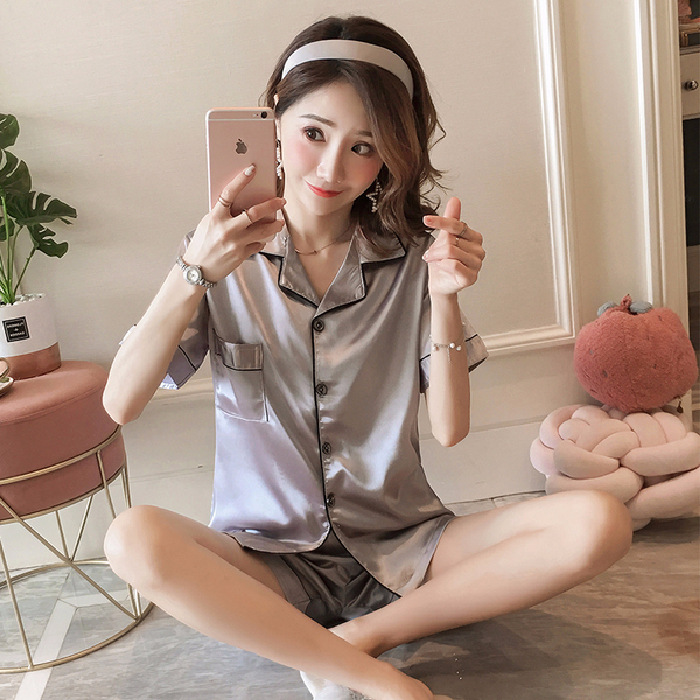 Set Pajamas Áo Ngắn Tay Cổ Bẻ + Quần Short Cho Nữ