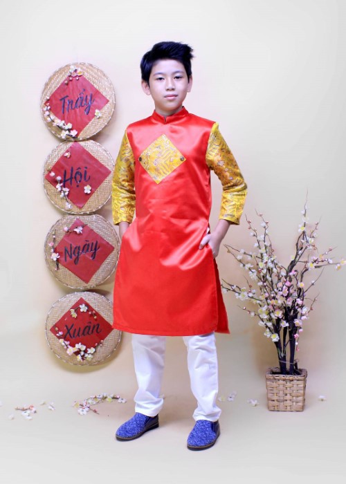 Áo dài bé trai phối rồng vàng may mắn đỏ TAD014 Jadiny