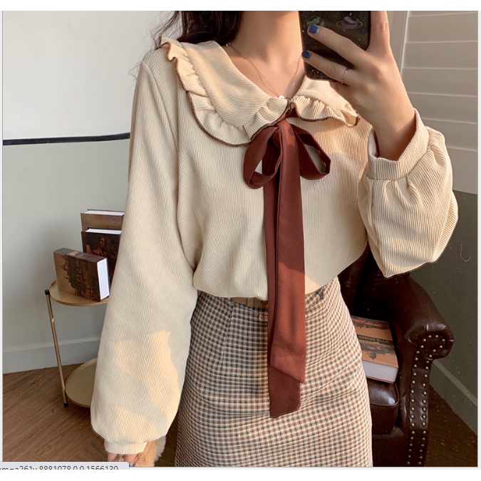 Áo Sơ Mi Tăm Cổ Thắt Nơ Đỏ Tay Phồng Cực Xinh Freesize - A.086 | BigBuy360 - bigbuy360.vn