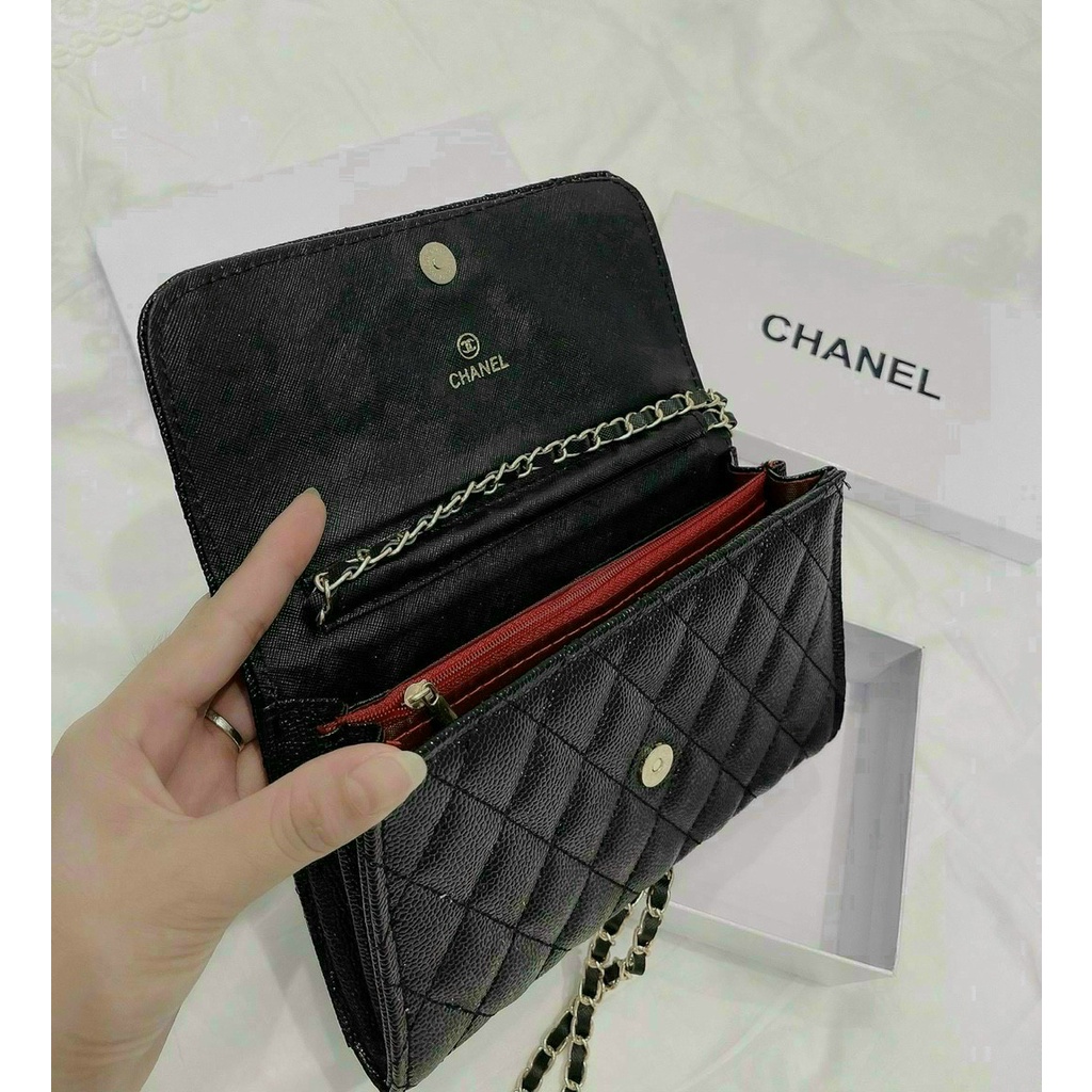 Ví cầm tay thời trang nữ logo chữ vàng có dây đeo chéo