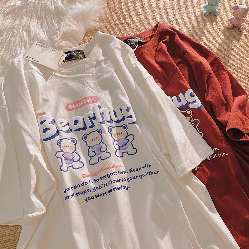 Áo thun cotton tay lỡ dáng rộng unisex _ bear hug