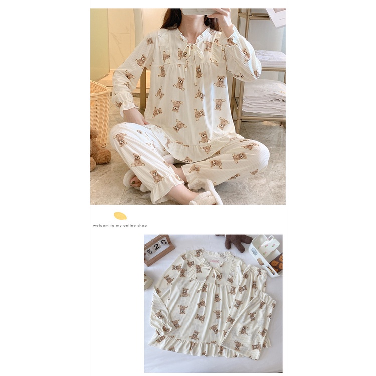 Bộ Đồ Ngủ Tay Dài In Họa Tiết Hoa Dễ Thương Phong Cách Nhật Bản Cho Nữ