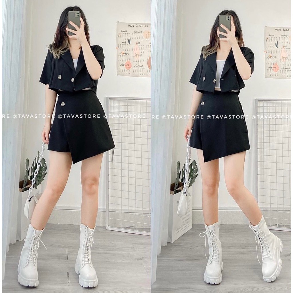 SET VEST BLAZER ĐEN DÁNG CROPTOP MIX QUẦN GIẢ VÁY LỆCH TÀ CÁ TÍNH