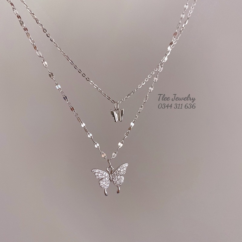 Dây chuyền bạc nữ TLEE kép mặt hồ điêp nạm đá sang trọng TleeJewelry D0110