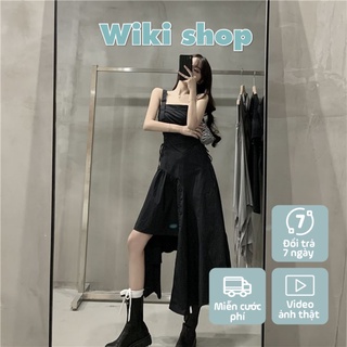 Váy hai dây tầng cực tôn dáng - Váy đầm nữ 2 dây bản to đen Bape lệch tầng bèo có dây rút bụng chỉnh eo freesize C106