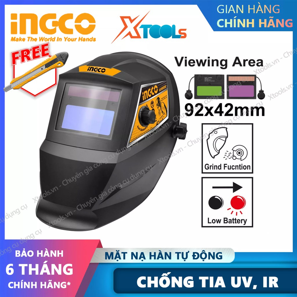 Kính hàn điện tự động INGCO AHM008 mặt nạ hàn điện tử cảm biến cao, tự động tối khi hàn, điều chỉnh độ sáng mặt kính lớn