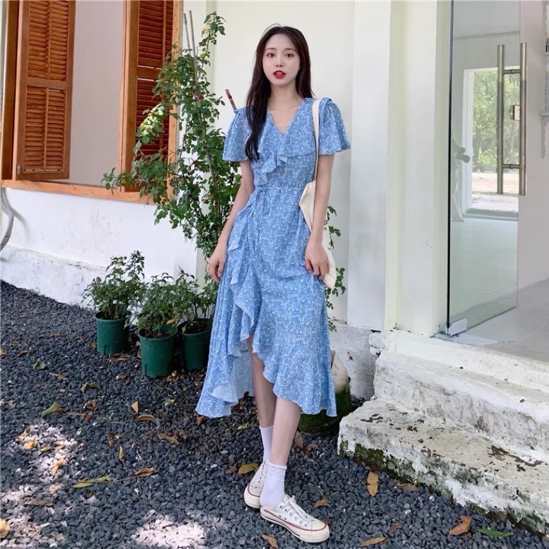 Đầm xanh chấm bi xẻ vạt, váy chấm bi xanh xẻ vạt, váy hoa nhí xẻ vạt