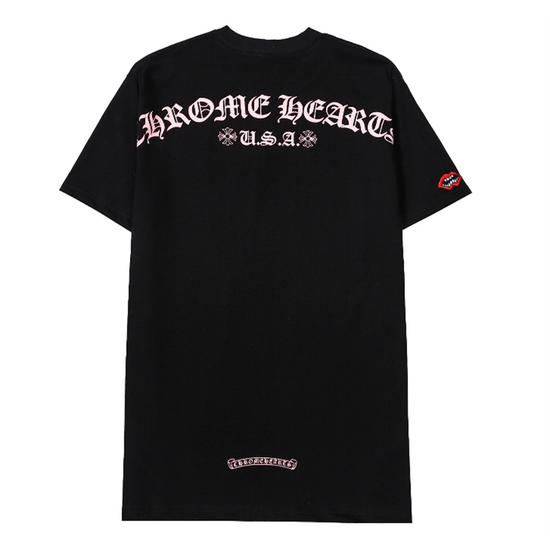 Áo Thun Cotton Ngắn Tay Dáng Rộng Thêu Chữ Chrome Hearts Màu Hồng Cherry Thời Trang Cho Cặp Đôi