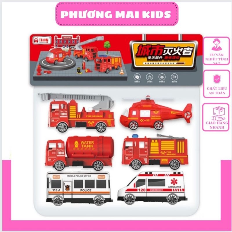 bộ 6 xe đồ chơi cho bé, xe cứu hoả, xe cứu thương, máy bay, cảnh sát, xe cứu hộ...