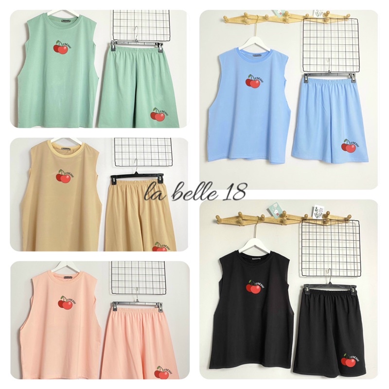 Bộ tanktop áo ba lỗ kèm bra quây quần đùi sooc chất cotton in quả cherry