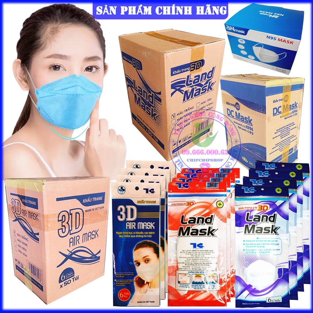 Sỉ 1 Thùng Khẩu Trang Y Tế Kháng Khuẩn 4D Land Air Mask. Chống bụi mịn 3D 5D 3M KF94 N95 KN95 có khô