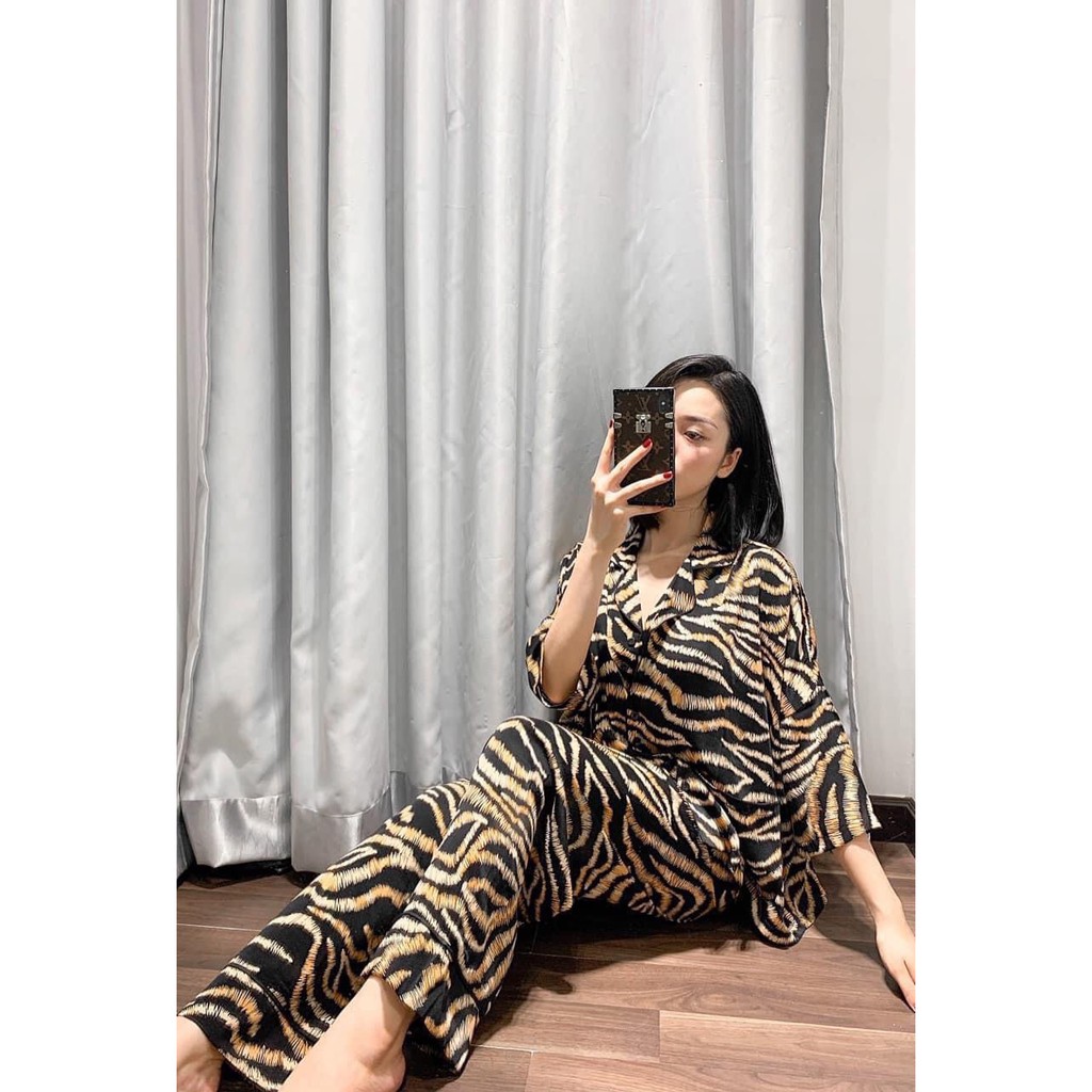 Đồ bộ nữ, pijama lụa satin tay phồng họa tiết cao cấp, chất vải mềm mịn Piti Shop