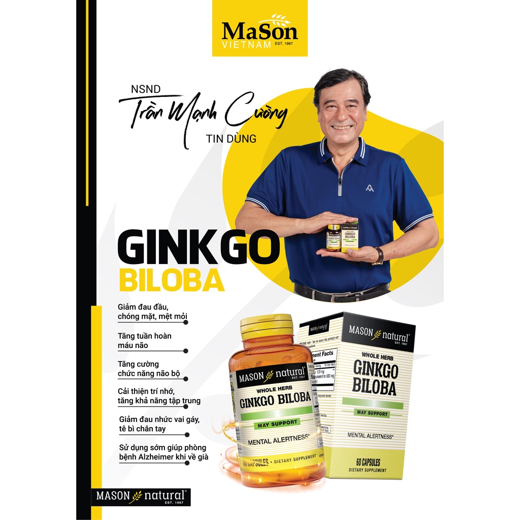 Viên Uống Mason Natural Ginkgo Biloba Hỗ Trợ Chức Năng Bộ Não, Hệ Thần Kinh 60 Viên