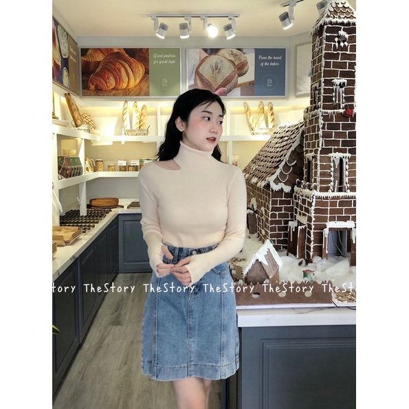 [STR] [ẢNH THẬT SHOP CHỤP] Áo len tăm cổ lọ khoét 1 bên vai, tay dài A1809