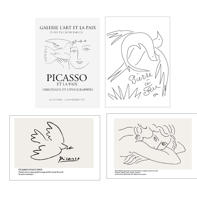 Postcard dán tường trang trí phòng ngủ nghệ thuật Picasso, Bộ 4 tranh dán tường - LEODEN De