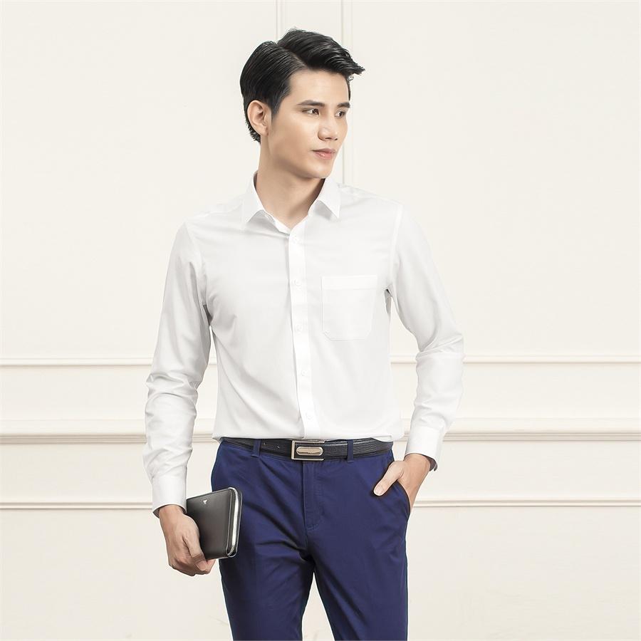 Áo sơ mi trắng dài tay nam ARISTINO ALSR19 somi công sở sợi micro polyester cao cấp trơn màu dáng suông tà lượn có túi