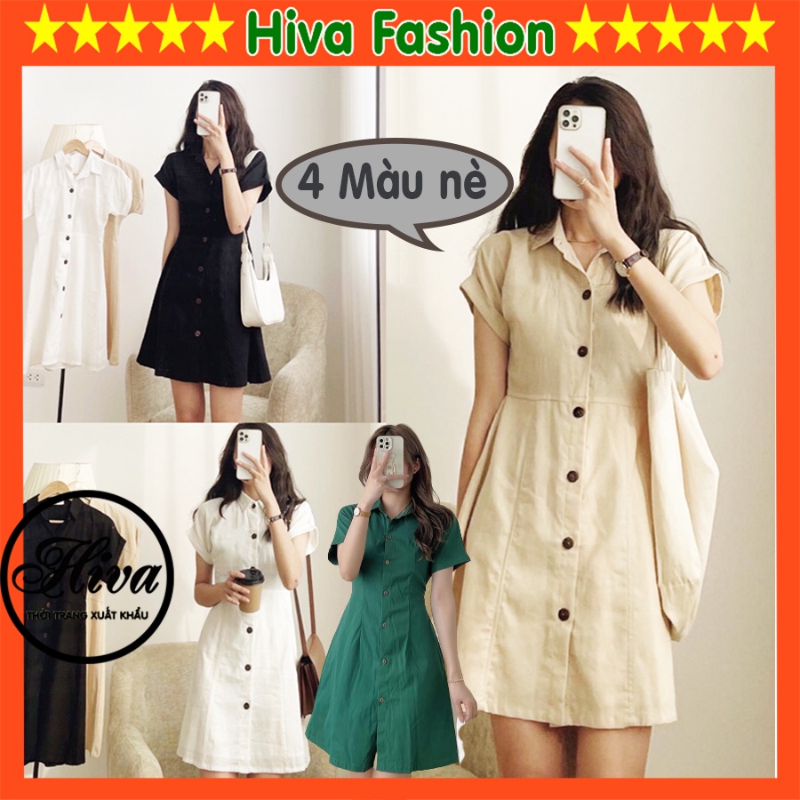 Váy áo cổ sơ mi ulzzang bo tay cộc dáng ngắn đi du lịch biển , Đầm chữ A liền thân thiết kế