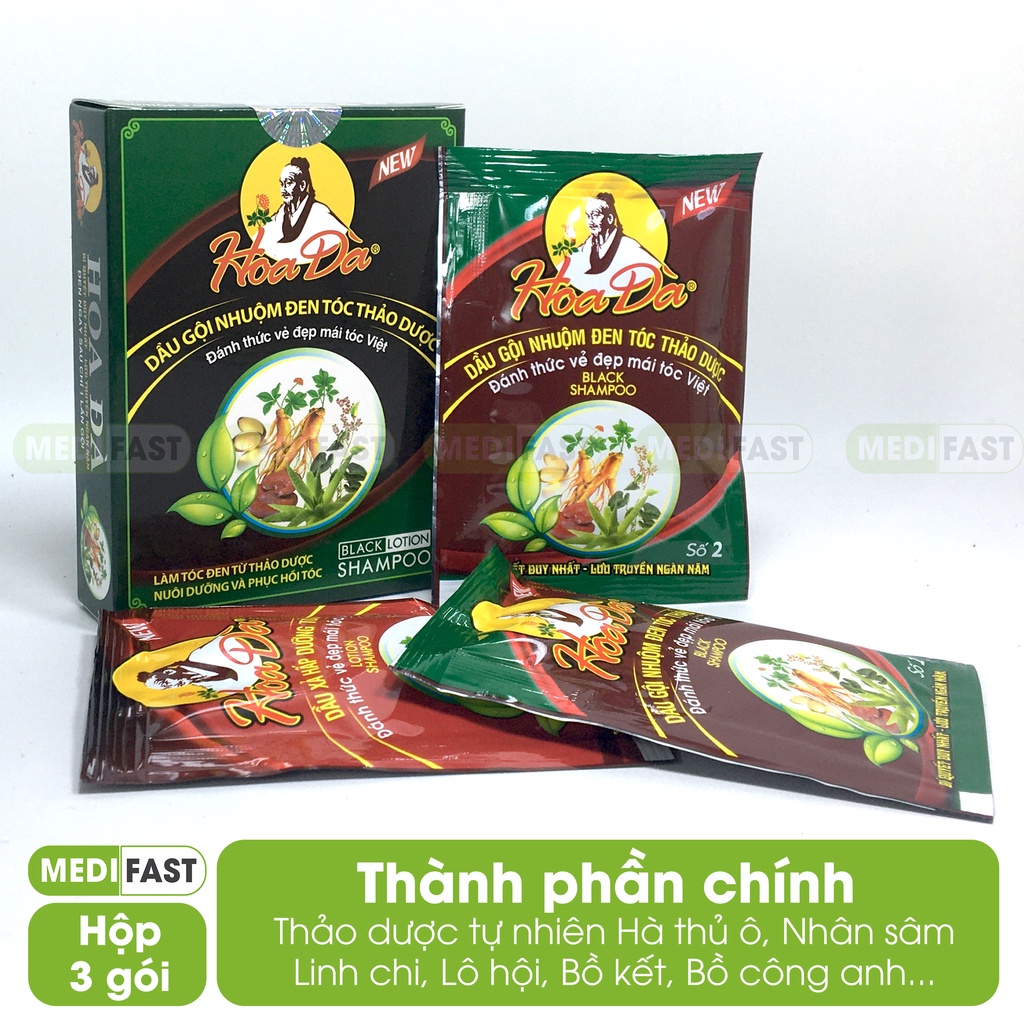 Dầu gội bồ kết làm đen tóc Hoa Đà - Giúp đen tóc từ gốc tới ngọn và suôn mượt - Hộp 3 gói