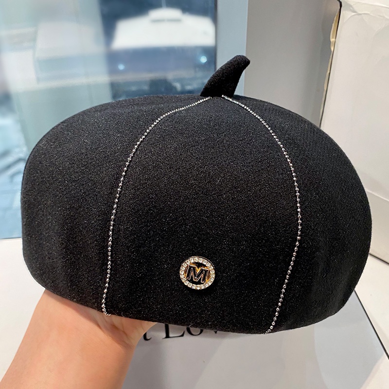 Mũ Beret Màu Trắng Đính Đá Chữ Thời Trang Thu Đông Hàn Quốc Cho Nữ