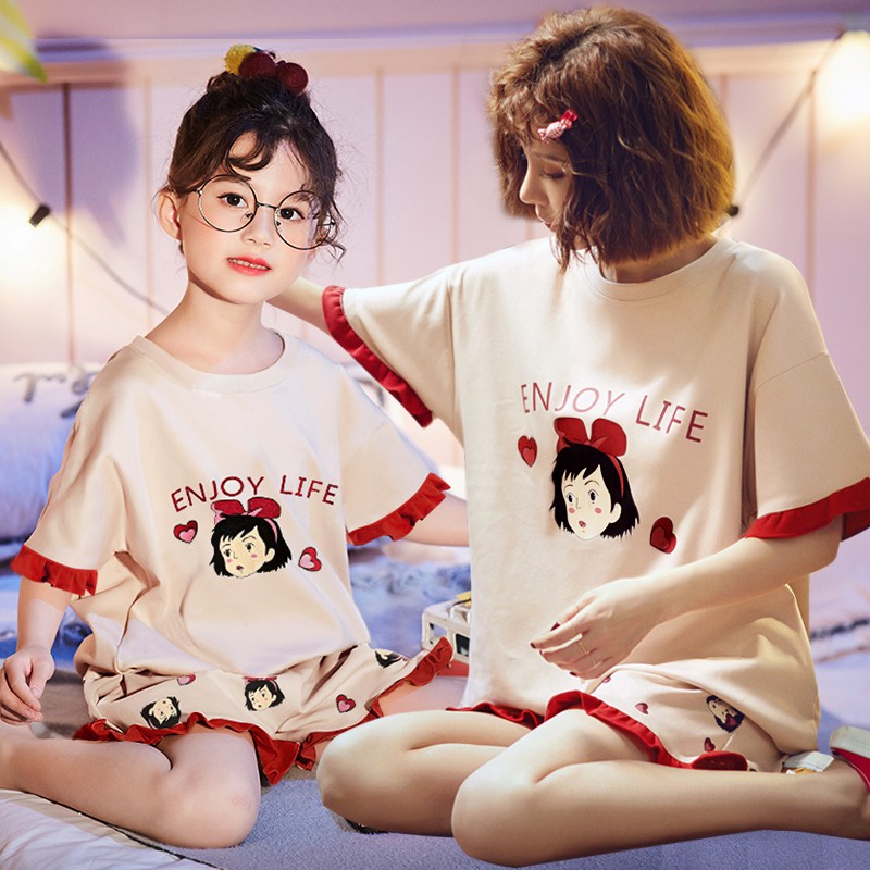 Bộ đồ ngủ pijama cho bé gái mùa hè cotton mỏng tay ngắn mẹ-con trung niên trẻ em phục vụ tại nhà