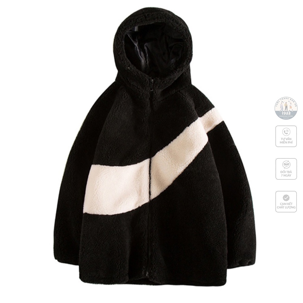 Áo Khoác Lông Cừu Phối Màu Đen Trắng, Áo Hoodie Lông Cừu Unisex Dáng Rộng