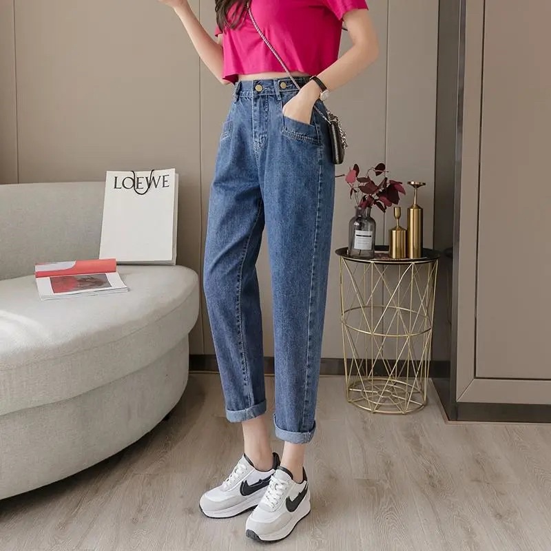 Quần Bò Jean Nữ Baggy Màu Xanh Đen Khói Cạp Cúc Có Túi Ống Đứng Phong Cách Ulzzang Hàn Chất Jean Loại 1 Basic