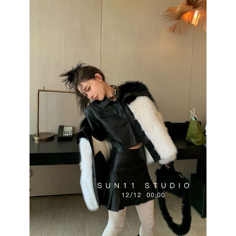 Set Áo Khoác + Chân Váy Xếp Ly Lưng Cao Bằng Da Thời Trang Dành Cho Nữ