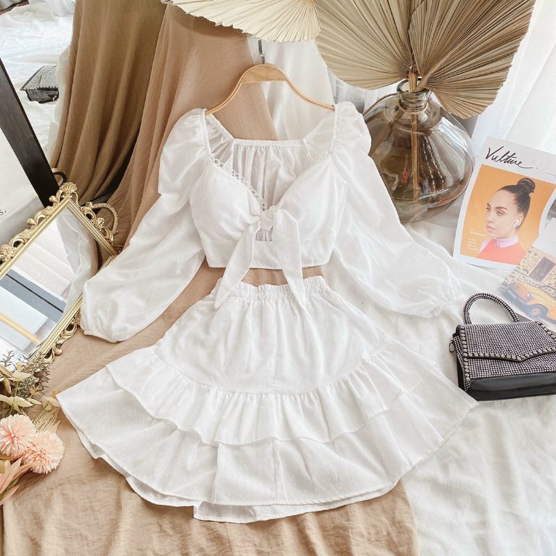 SET ÁO HOA NỔI CROP CỘT NƠ NGỰC x CHÂN VÁY TẦNG