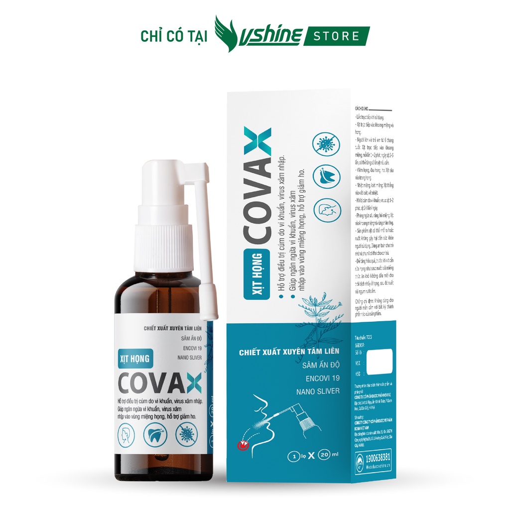 Xịt họng Covax 20ml - Xịt họng có chứa Xuyên Tâm Liên giúp giảm ho do viêm họng, viêm phế quản