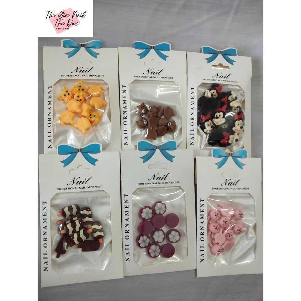 Charm, icon, nơ đính móng tay, móng chân, hình 4D, hoa văn nổi xinh sễu