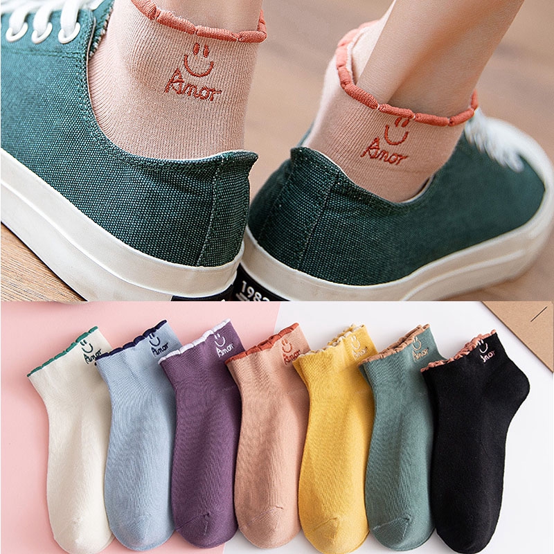 Cute Alphabet Smile Ankle Socks Women Spring Harajuku Embroidery Sweet Cotton Solid Novelty Female Low Top Socks Black Girls Socks