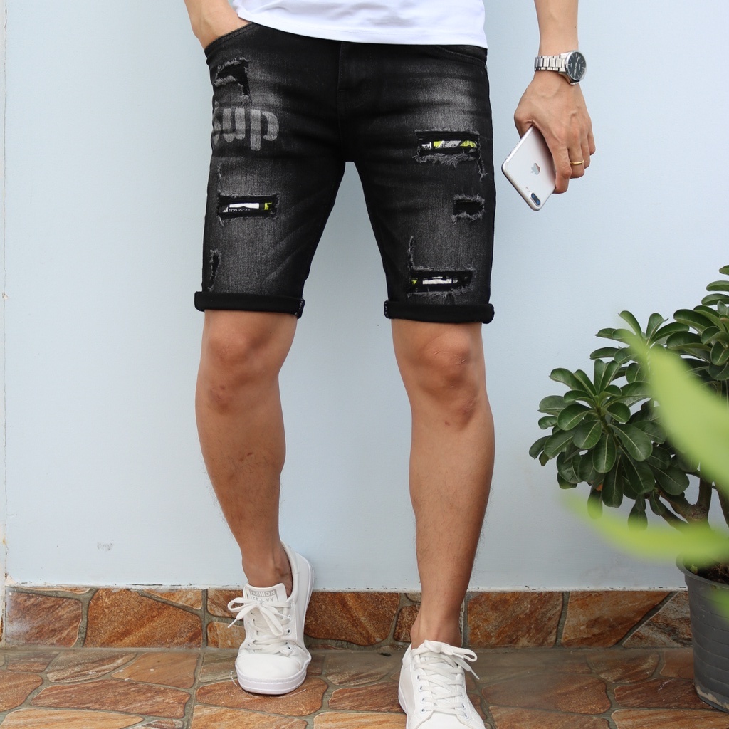 Quần Short Nam Đen Rách D0181 Quần Đùi Nam Rách Bạ Phối In Không Ra Màu Chất Jeans Dày Co Giãn Tốt Form SlimFit