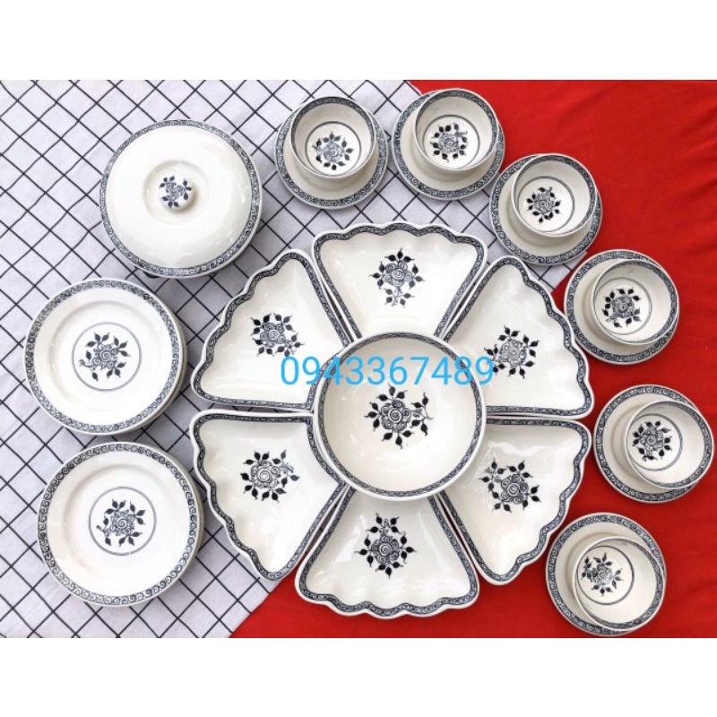 Bộ bát đĩa hoa mặt trời sứ Bát Tràng đk 45cm, 54cm, 15 món, hoa móc