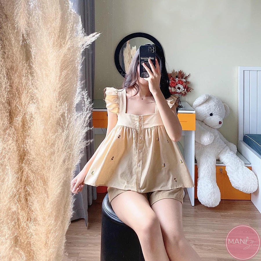Bộ mặc nhà nữ mùa hè bánh bèo tiểu thư - Set 2 dây babydoll lụa mặc đi ngủ kèm quần short đùi ống rộng hàn quốc ulzzang