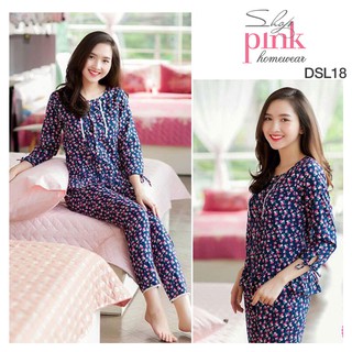 Bộ mặc nhà quần dài tay lỡ cổ tròn hoa nhí xanh than