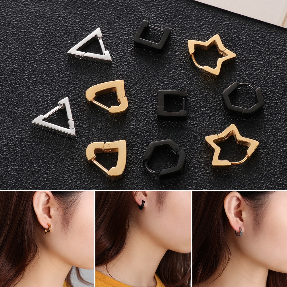 YVETTE Jewelry Stainless Steel|Black Polygon Star Heart Huggie Hoop Earring