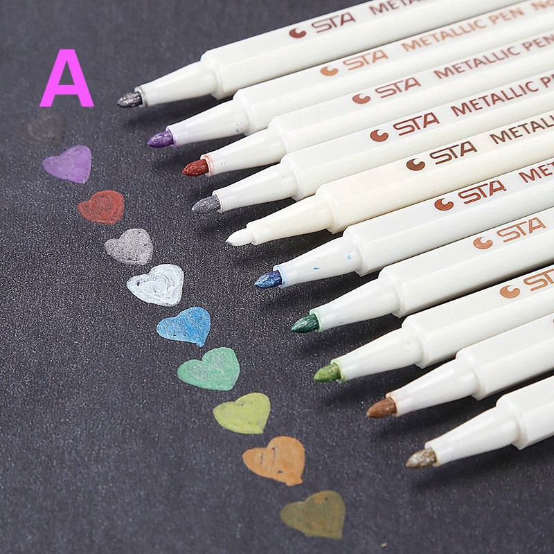 Bộ 10 cây bút lông dạ quang STA màu ánh kim ngòi mảnh