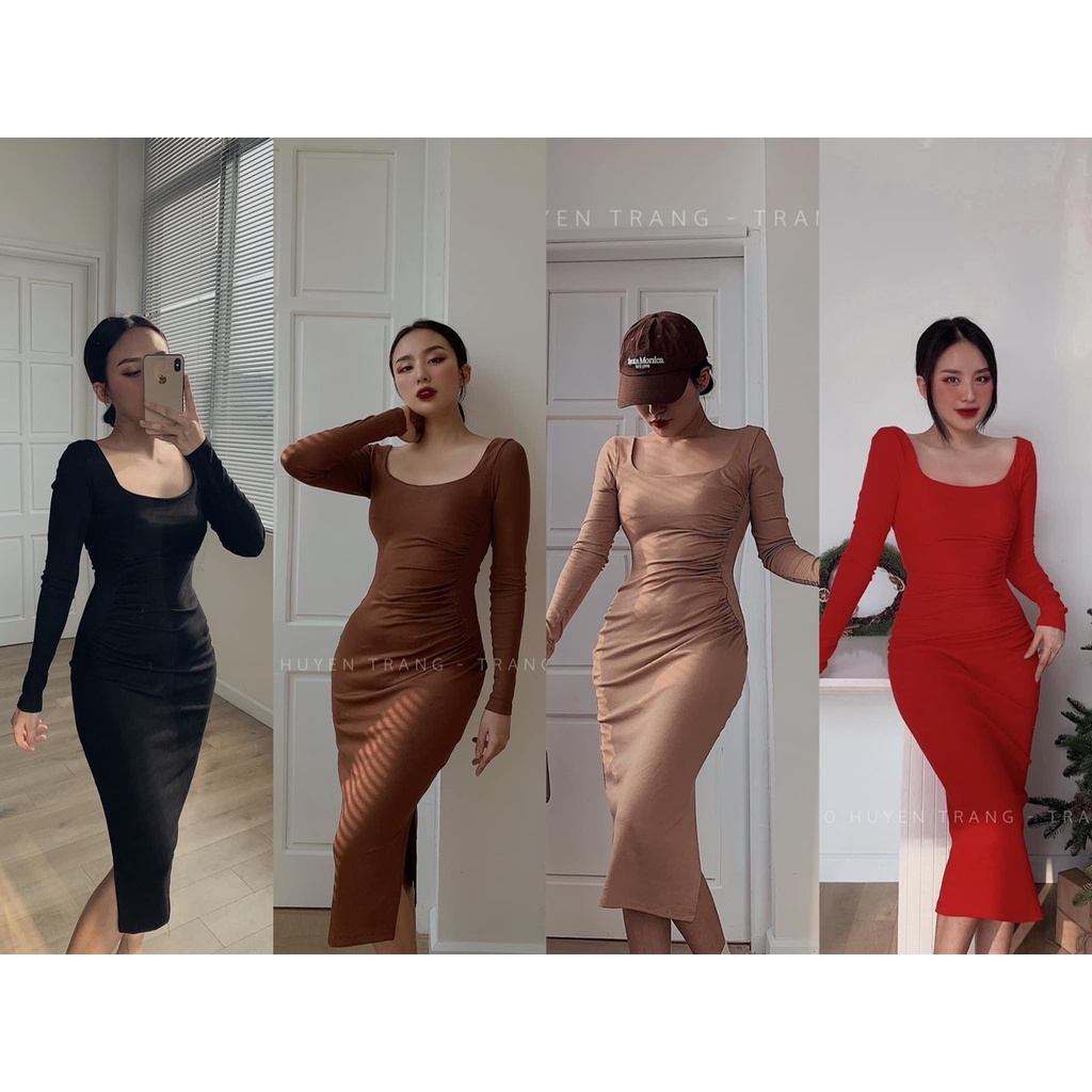 Váy body cổ vuông nhún eo dáng dài xẻ tà co giãn 4c - Ảnh chính chủ Ngô Huyền Trang