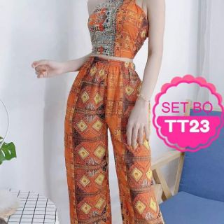 Set thổ cẩm ống rộng + áo cột nơ lưng