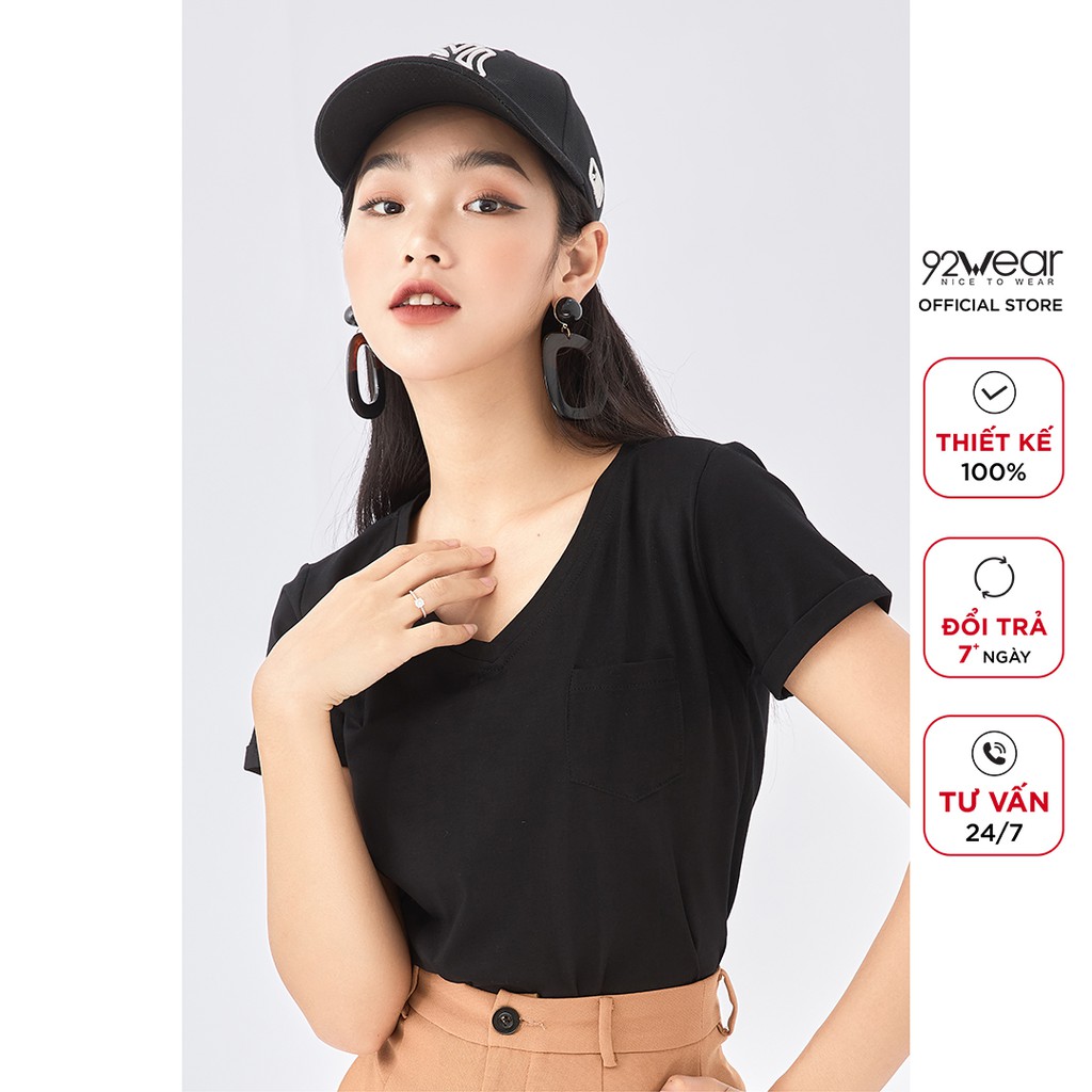 Áo thun cotton nữ 92WEAR form đẹp cổ tim có túi trơn hàn quốc đi chơi ngắn tay ATA1942