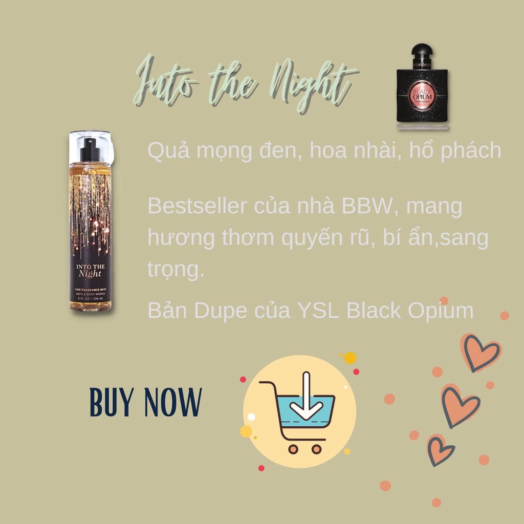 (Tách set) Bath &amp; Body Works mùi Into The Night (1 body mist, 1 sữa tắm, 1 dưỡng thể)