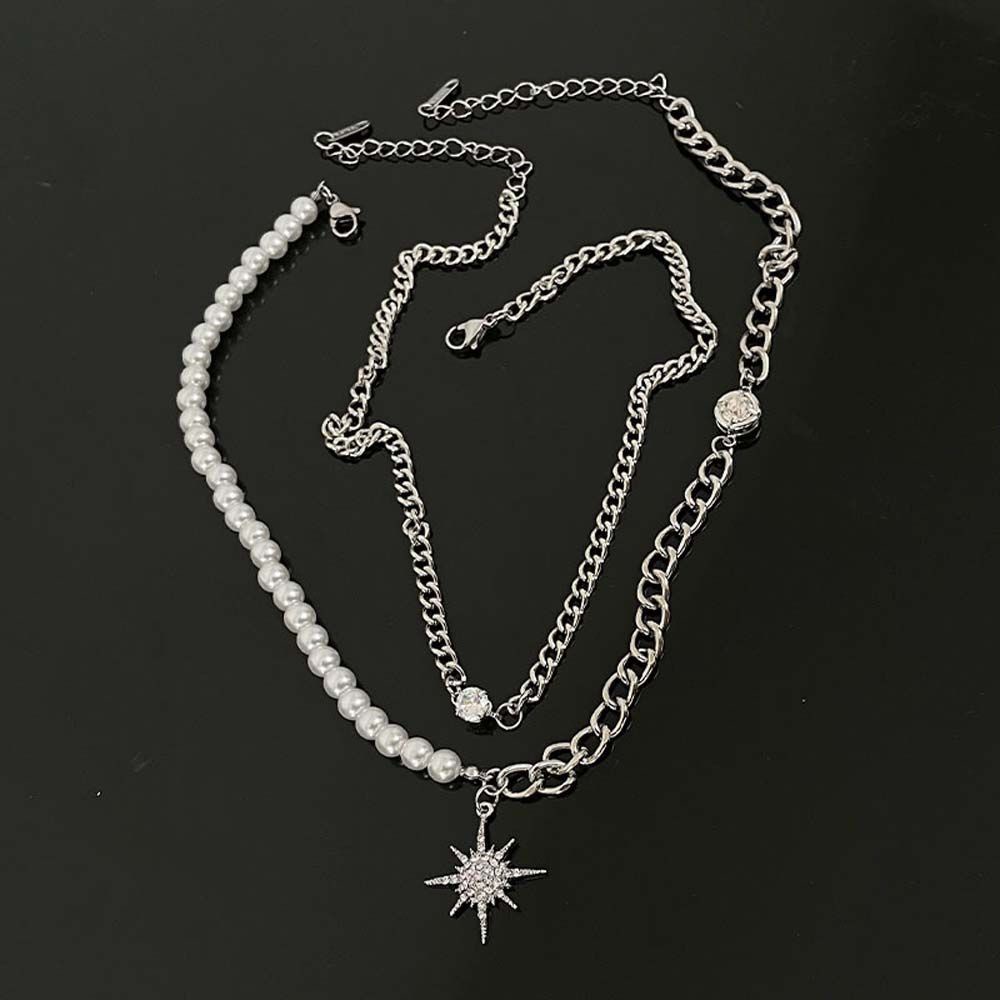 Vòng cổ choker hai lớp đính hạt ngọc trai hình ngôi sao phong cách Hàn Quốc cho nữ