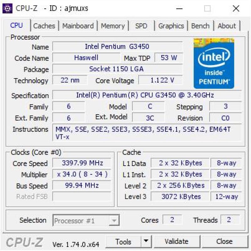 Bộ vi xử lý Intel Pentium G3450 kèm Fan