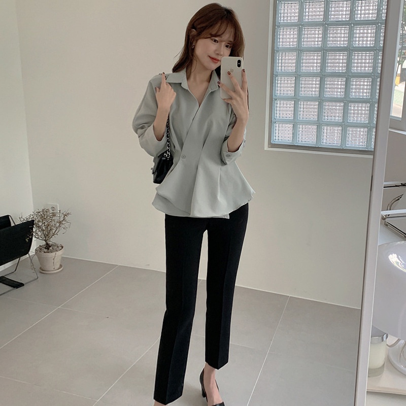 MS685 Áo sơ mi nữ kiểu xếp ly vạt lệch vải đẹp mềm mát