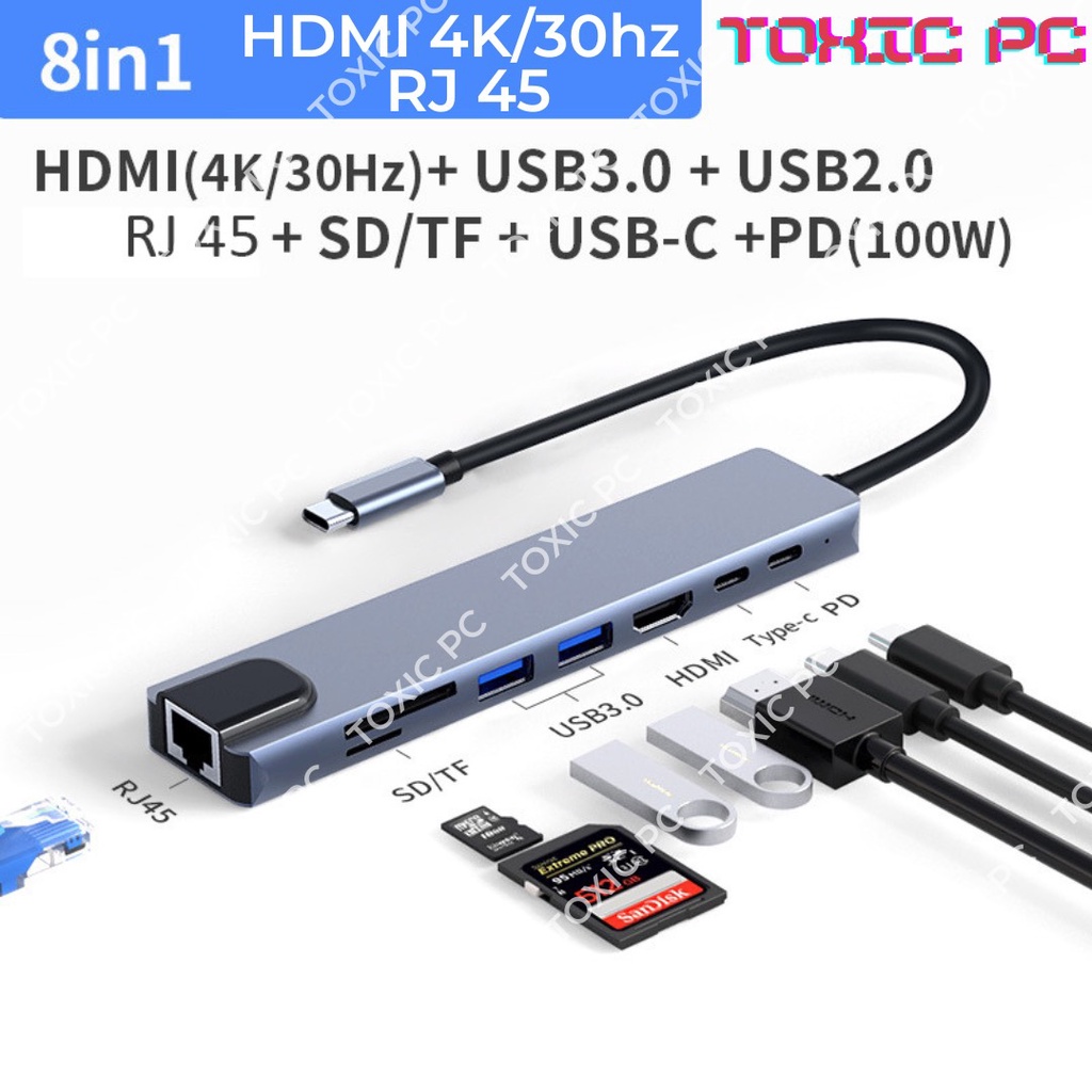 Bộ Chuyển Đổi HUB Type C, HUB USB 3.0 to HDMI,USB 3.0,SD,TF,RJ45,PD Type-C cho Laptop, Macbook_TOXIC PC
