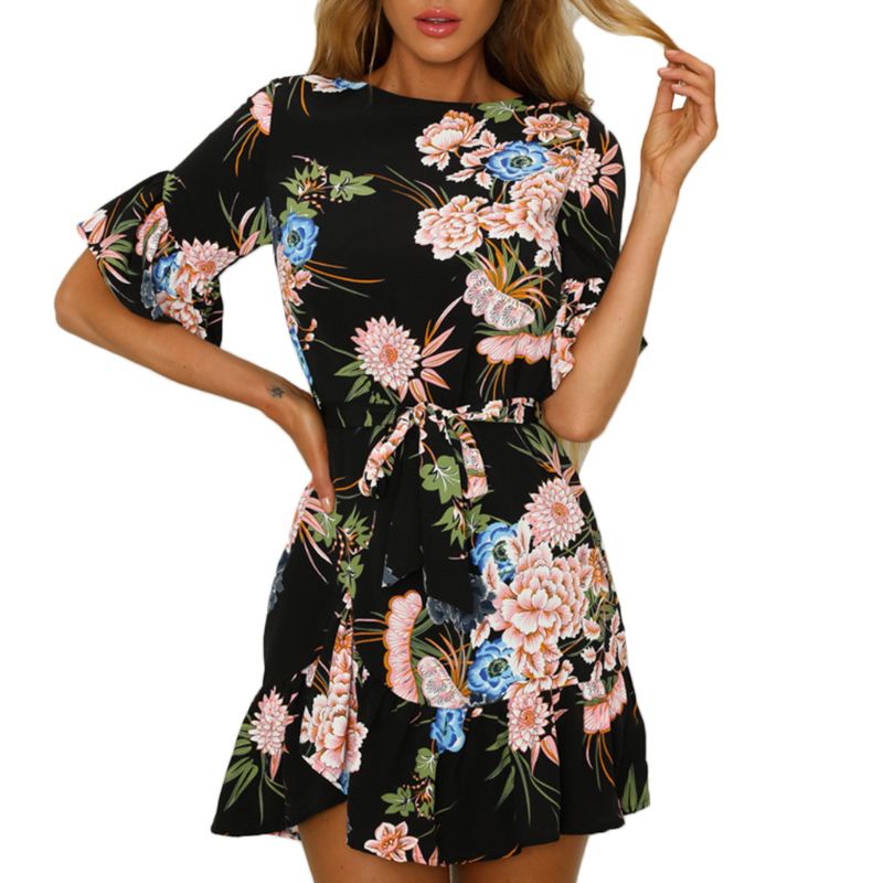 Đầm Hoa Tay Lửng Dáng Xòe Mini Eo Cao Phong Cách Bohemian Dành Cho Nữ