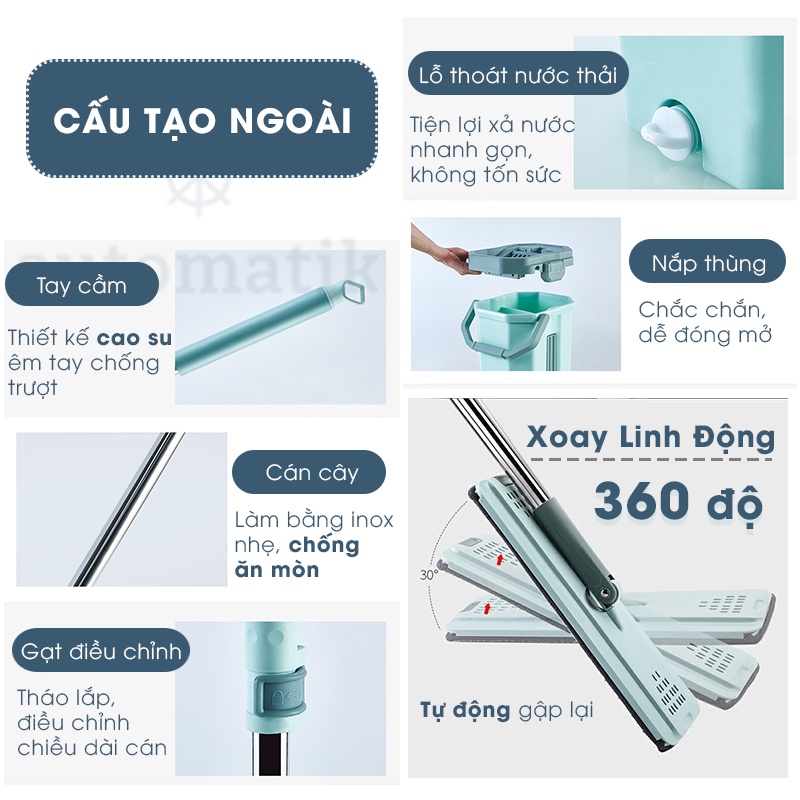 Cây Lau Nhà Tự Vắt Thông Minh Tự Động Tách Gạt Nước Bẩn Xoay 360 Đa Năng Vắt Trợ Lực Gấp Gọn Siêu Thấm Hút - Automatik