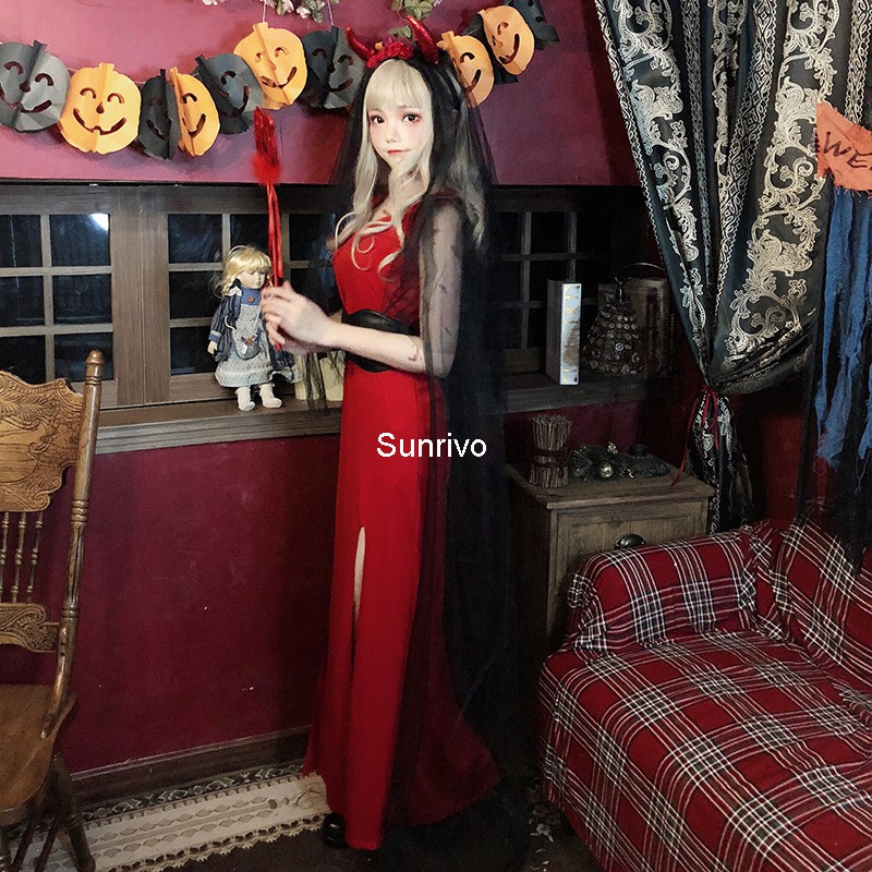 【Sunrivo】 Quần áo Cos Trang phục phù thủy đỏ Ma quỷ Cô dâu Halloween Ma cà rồng Áo dài